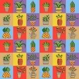 Blomkrukahuset planterar den sömlösa vektormodellen för klotter stock illustrationer Blomkrukahuset planterar den sömlösa vektormodellen för klotter stock illustrationer