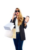 Blond shopaholic woman bags and smartphone Royalty Free Stock Photos Blond shopaholic woman bags and smartphone Royalty Free Stock Photos