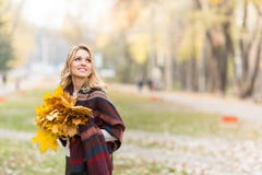 Blond Woman With Bouquet From Maple Leaves Stock Photo Blond Woman With Bouquet From Maple Leaves Stock Photo