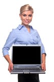 Blonde busineswoman Holding ein Laptop mit Exemplar spac stockfotos Blonde busineswoman Holding ein Laptop mit Exemplar spac stockfotos