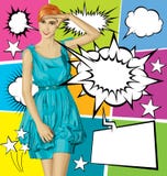 Blonde sorprendido vector en vestido azul con el sistema de la burbuja del discurso ilustración del vector Blonde sorprendido vector en vestido azul con el sistema de la burbuja del discurso ilustración del vector