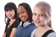 Blonde teenage student girl and ethnic friends. Pretty young blonde caucasian student girl with two other multi ethnic teenage friends, an oriental Japanese and Blonde teenage student girl and ethnic friends. Pretty young blonde caucasian student girl with two other multi ethnic teenage friends, an oriental Japanese and