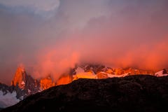 Blood red sunrise on Fitzroy mountain in Chalten, Patagonia, Argentina