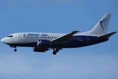 Blue Air Boeing 737-500 YR-BAG, closeup view Stock Photography Blue Air Boeing 737-500 YR-BAG, closeup view Stock Photography