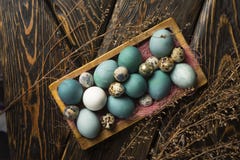 Blue, And White And Chicken Eggs And Quail Eggs In Wooden Retro Royalty Free Stock Photos Blue, And White And Chicken Eggs And Quail Eggs In Wooden Retro Royalty Free Stock Photos
