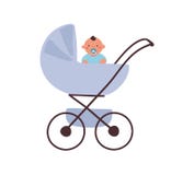 A blue baby carriage with a sitting baby with a pacifier. Element for design about motherhood, transport for a child