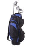 Blue black golf bag and clubs isolated on white