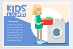 Blue card or poster with young girl standing with a basin with dirty laundry in hands near washing machine. Flat vector vector illustration Blue card or poster with young girl standing with a basin with dirty laundry in hands near washing machine. Flat vector vector illustration