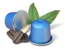 Blue coffee capsules with coffee beans and leaves 3D Royalty Free Stock Photography Blue coffee capsules with coffee beans and leaves 3D Royalty Free Stock Photography