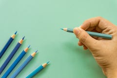 Blue colored pencil One single object, top view, bright tint. Wooden hexagonal barrel, without eraser. H royalty free stock photography Blue colored pencil One single object, top view, bright tint. Wooden hexagonal barrel, without eraser. H royalty free stock photography