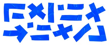 Blue duct tape set. Realistic blue adhesive tape pieces for fixing isolated on white background. Arrow, cross, corner and paper