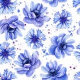 Blue flowers, cornflower, anemones, seamless flower patterns, watercolor floral design on a white background