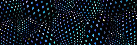 Blue green iridescent mosaic balls 3d banner. Shimmer holographic spheres background. Dark disco abstract design. stock illustration Blue green iridescent mosaic balls 3d banner. Shimmer holographic spheres background. Dark disco abstract design. stock illustration