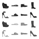 Blue high-heeled sandals, homemade lilac slippers with a pampon, pink women ballet flats, brown high-heeled shoes. Shoes royalty free illustration Blue high-heeled sandals, homemade lilac slippers with a pampon, pink women ballet flats, brown high-heeled shoes. Shoes royalty free illustration