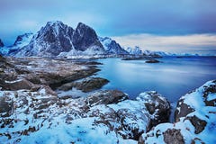 Blue hour. Beautiful winter landscape of picturesque mountains of Lofoten islands Royalty Free Stock Photos Blue hour. Beautiful winter landscape of picturesque mountains of Lofoten islands Royalty Free Stock Photos