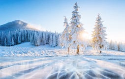 Blue ice and cracks on the surface of the ice. Frozen lake under a blue sky in the winter. Beautiful dawn, rays of the royalty free stock photos Blue ice and cracks on the surface of the ice. Frozen lake under a blue sky in the winter. Beautiful dawn, rays of the royalty free stock photos