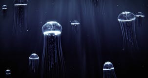 Blue Jellyfish Swimming in Deep Dark Ocean 4k Loop