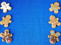 Blue New Year Background. Christmas Decorations, Gingerbread Men And