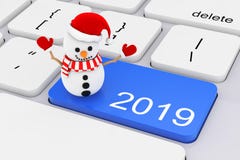 Blue 2019 New Year Key with Snowman on White PC Keyboard. 3d Ren. Blue 2019 New Year Key with Snowman on White PC Keyboard extreme closeup. 3d Rendering royalty free illustration Blue 2019 New Year Key with Snowman on White PC Keyboard. 3d Ren. Blue 2019 New Year Key with Snowman on White PC Keyboard extreme closeup. 3d Rendering royalty free illustration