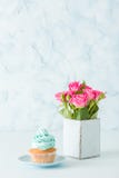 Blue Pastel Vertical Banner With Decorated Cupcake And Bouquet Of Pink Roses In Retro Shabby Chic Vase. Stock Images