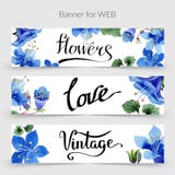 Blue Phacelia. Watercolor Background Card. Floral Border. Flowers, Love And Vintage Handwriting Monogram Calligraphy. Royalty Free Stock Image