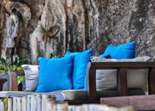 Blue Pillows On Bench In Park Royalty Free Stock Images