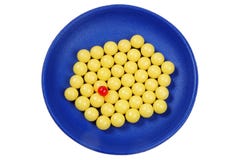 Blue Plateful Of Yellow Drops Vitamin And Red Pill Royalty Free Stock Photos Blue Plateful Of Yellow Drops Vitamin And Red Pill Royalty Free Stock Photos
