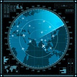 Blue radar screen with planes and world map vector illustration Blue radar screen with planes and world map vector illustration