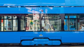 Blue tramway, public transport in Zagreb, Croatia