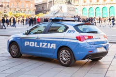 Blue and white Alfa Romeo Giulietta, police royalty free stock photos Blue and white Alfa Romeo Giulietta, police royalty free stock photos