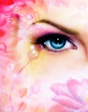 Blue Women Eye Beaming Up Enchanting From Behind A Blooming Rose Lotus Flower, With Bird On Pink Abstract Background Blue Women Eye Beaming Up Enchanting From Behind A Blooming Rose Lotus Flower, With Bird On Pink Abstract Background