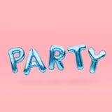 Blue word PARTY made of inflatable balloons floating on pink background. Blue foil balloon letters. Celebration concept