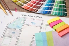 Blueprint of architectural drawing and color palette stock photography Blueprint of architectural drawing and color palette stock photography
