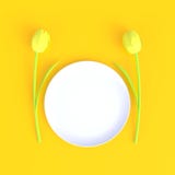 Blume mit minimalem gelbem Hintergrund der leeren weißen Tellerzusammenfassung, Nahrungsmittelkonzept lizenzfreie abbildung Blume mit minimalem gelbem Hintergrund der leeren weißen Tellerzusammenfassung, Nahrungsmittelkonzept lizenzfreie abbildung