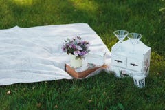 Blumen in einem Eimer Picknick auf einem Gras stockfotografie Blumen in einem Eimer Picknick auf einem Gras stockfotografie