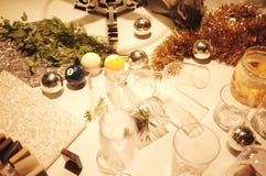 Blur Many empty glasses on the table with still life pattern on a table against restaurant background stock photo Blur Many empty glasses on the table with still life pattern on a table against restaurant background stock photo