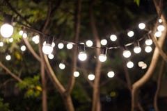 Blurred background, backyard illumination, light in the evening garden, electric lanterns with round diffuser. Lamp garland of