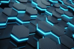 Blå abstrakt sexhörnig glödande bakgrund, futuristiskt begrepp framförande 3d royaltyfri illustrationer Blå abstrakt sexhörnig glödande bakgrund, futuristiskt begrepp framförande 3d royaltyfri illustrationer