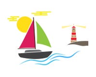 Boat lighthouse coast sun waves sea ocean. Vector illustration on white background. Blue green pink brown. stock illustration Boat lighthouse coast sun waves sea ocean. Vector illustration on white background. Blue green pink brown. stock illustration