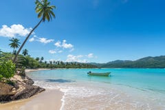 Boat On Turquoise Caribbean Sea, Playa Rincon, Dominican Republic, Vacation, Holidays, Palm Trees, Beach Stock Photos Boat On Turquoise Caribbean Sea, Playa Rincon, Dominican Republic, Vacation, Holidays, Palm Trees, Beach Stock Photos