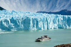 Boat sailing near Perito Moreno glacier.