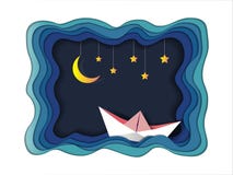 Boat is sailing in the sea under the moon light and stars, Goodnight and sweet dream origami mobile concept stock illustration Boat is sailing in the sea under the moon light and stars, Goodnight and sweet dream origami mobile concept stock illustration