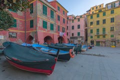 Boats at rest in the square of Vernazza royalty free stock photography Boats at rest in the square of Vernazza royalty free stock photography