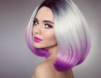 Bob hairstyle. Colored Ombre hair extensions. Beauty Model Girl