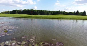 Boczny widok jogging kobieta blisko rzeki z łabędź podczas słonecznego dnia zbiory wideo Boczny widok jogging kobieta blisko rzeki z łabędź podczas słonecznego dnia zbiory wideo
