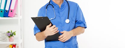 Body of male doctor posing with black folder, medical office clinic on the background, copy space royalty free stock photos Body of male doctor posing with black folder, medical office clinic on the background, copy space royalty free stock photos