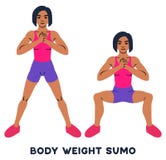 Body weight sumo. Wide stance squats. Sport exersice. Silhouettes of woman doing exercise. Workout, training