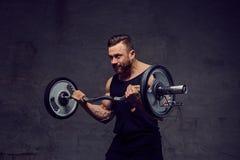 Bodybuilder barbu énorme établissant avec des barbells photographie stock libre de droits Bodybuilder barbu énorme établissant avec des barbells photographie stock libre de droits
