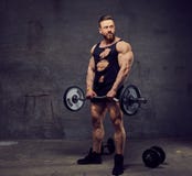 Bodybuilder barbu énorme établissant avec des barbells photographie stock libre de droits Bodybuilder barbu énorme établissant avec des barbells photographie stock libre de droits