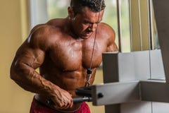 Bodybuilder die zwaargewicht oefening voor triceps met kabel doen royalty-vrije stock foto's Bodybuilder die zwaargewicht oefening voor triceps met kabel doen royalty-vrije stock foto's